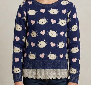 Self Esteem Sweater Size 5 Girls Blue Cat Heart Pattern Lace Trim Metallic Knit
